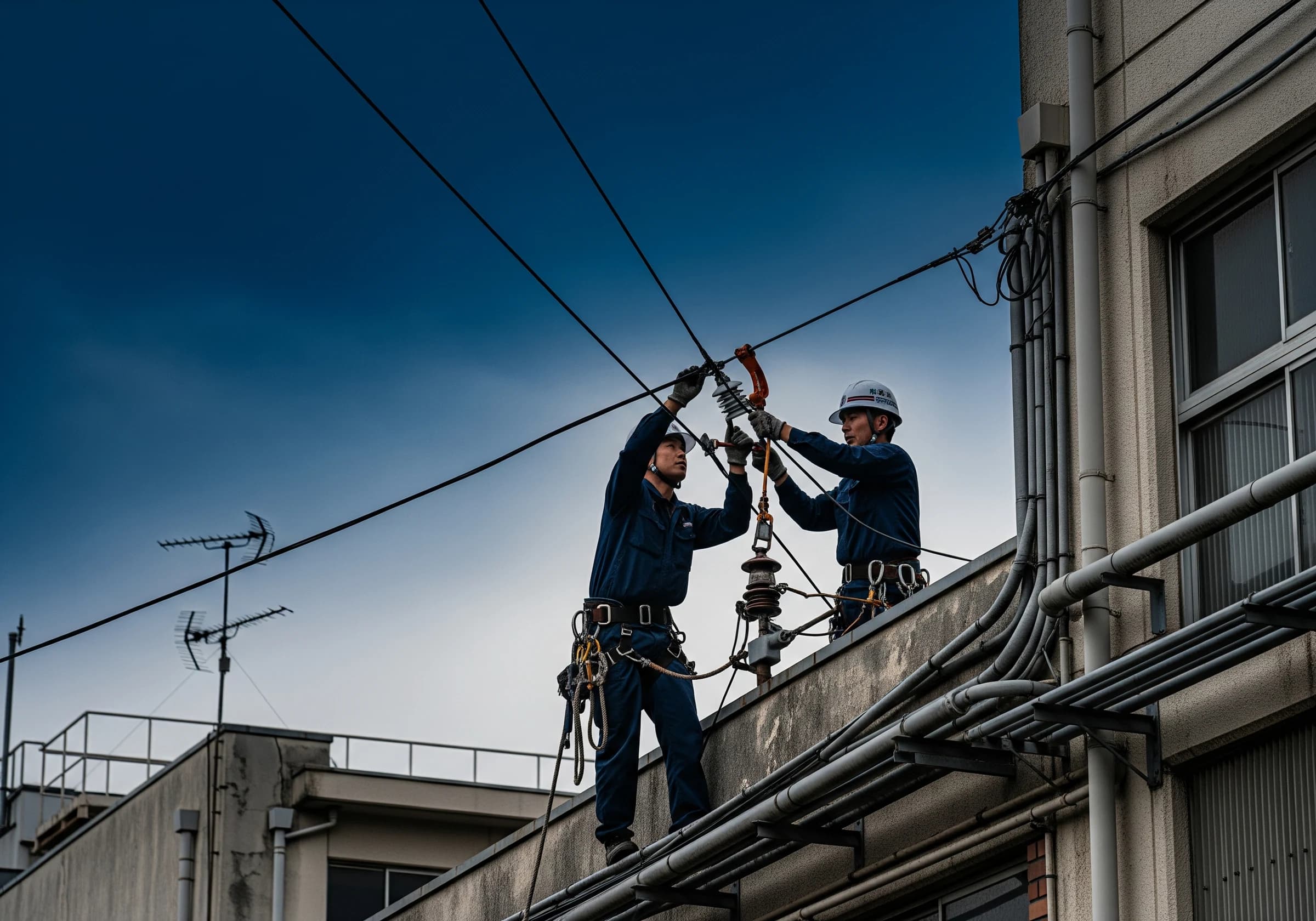 建物外で高圧引込線の架設を行う電気工事士